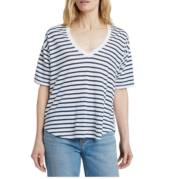 Faherty Oceanside Linen V-Neck Tee Striped 100% Linen Small - Picture 1 of 7